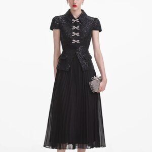 Self Portrait Black Boucle Bow Midi Dress